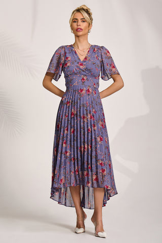 Printed Chiffon Pleated Maxi Dress, Purple Floral