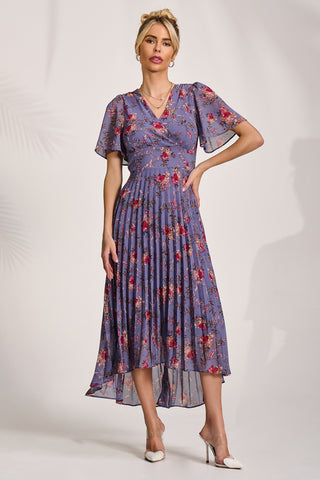 Printed Chiffon Pleated Maxi Dress, Purple Floral