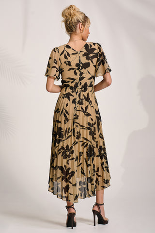 Printed Chiffon Pleated Maxi Dress, Stone/Black