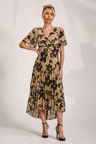 Printed Chiffon Pleated Maxi Dress, Stone/Black