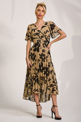 Printed Chiffon Pleated Maxi Dress, Stone/Black