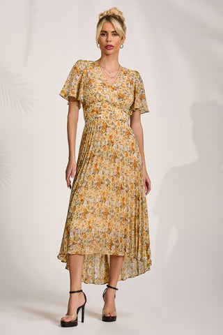 Printed Chiffon Pleated Maxi Dress, Yellow Floral