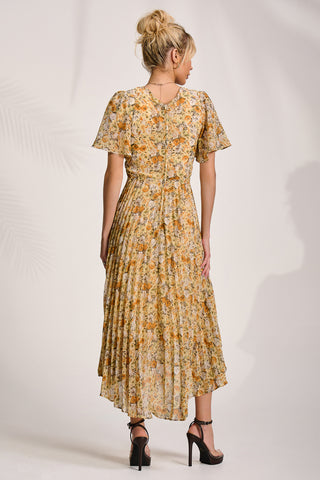 Printed Chiffon Pleated Maxi Dress, Yellow Floral