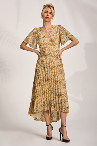 Printed Chiffon Pleated Maxi Dress, Yellow Floral