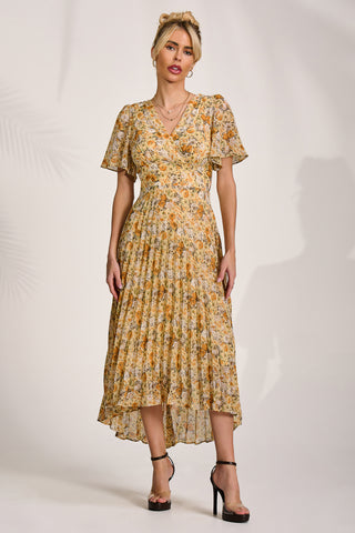 Printed Chiffon Pleated Maxi Dress, Yellow Floral