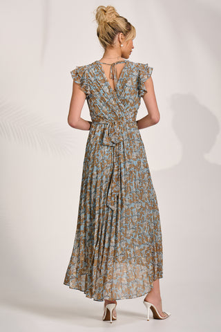 Pleated Chiffon Dip Hem Maxi Dress, Blue Floral