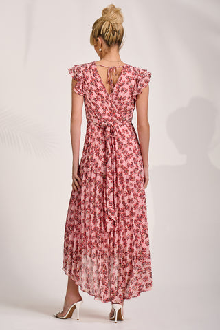 Pleated Chiffon Dip Hem Maxi Dress, Pink Floral
