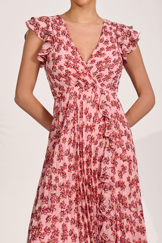 Pleated Chiffon Dip Hem Maxi Dress, Pink Floral