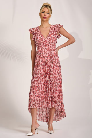 Pleated Chiffon Dip Hem Maxi Dress, Pink Floral