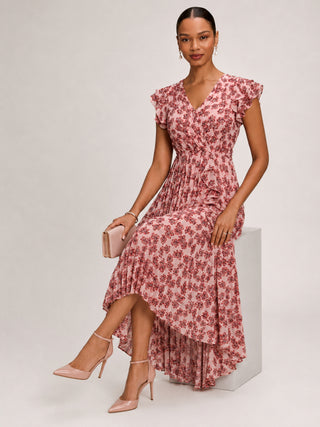 Pleated Chiffon Dip Hem Maxi Dress, Pink Floral