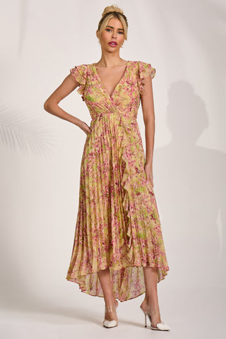 Pleated Chiffon Dip Hem Maxi Dress, Purple Floral