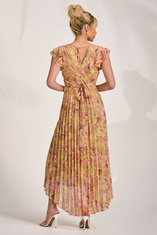 Pleated Chiffon Dip Hem Maxi Dress, Purple Floral