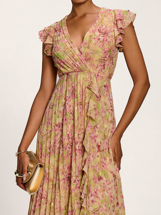 Pleated Chiffon Dip Hem Maxi Dress, Purple Floral