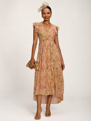 Pleated Chiffon Dip Hem Maxi Dress, Purple Floral