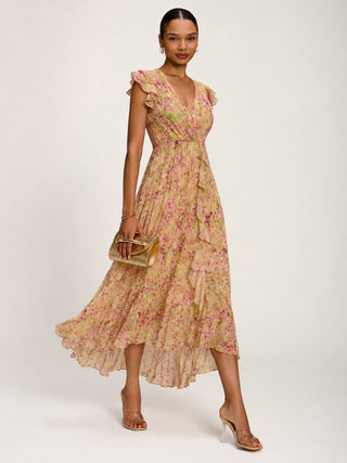 Pleated Chiffon Dip Hem Maxi Dress, Purple Floral