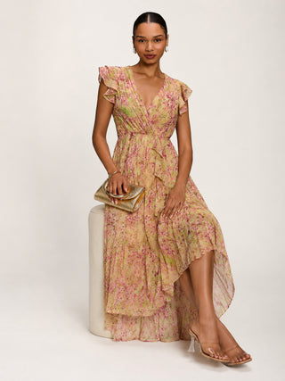 Pleated Chiffon Dip Hem Maxi Dress, Purple Floral