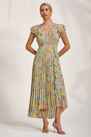 Pleated Chiffon Dip Hem Maxi Dress, Yellow Floral