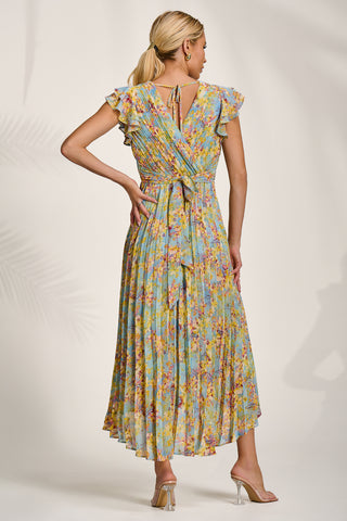 Pleated Chiffon Dip Hem Maxi Dress, Yellow Floral
