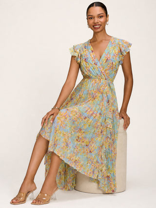 Pleated Chiffon Dip Hem Maxi Dress, Yellow Floral