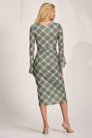 Long Sleeve Mesh Bodycon Dress, Lime Check