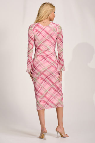 Long Sleeve Mesh Bodycon Dress, Pink Check
