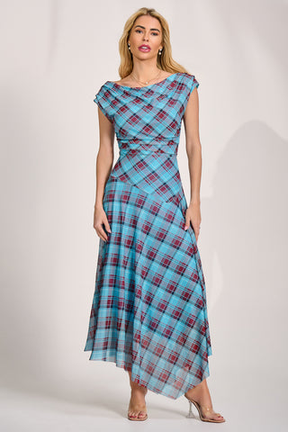 Asymmetric Draped Mesh Maxi Dress, Blue Check