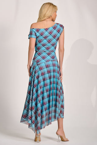 Asymmetric Draped Mesh Maxi Dress, Blue Check