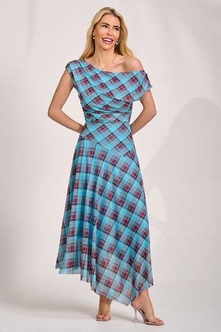Asymmetric Draped Mesh Maxi Dress, Blue Check