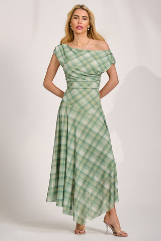 Asymmetric Draped Mesh Maxi Dress, Green Check
