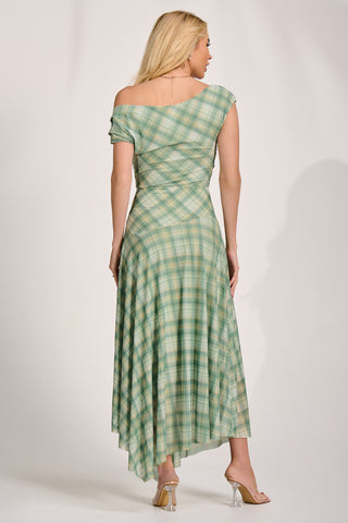 Asymmetric Draped Mesh Maxi Dress, Green Check