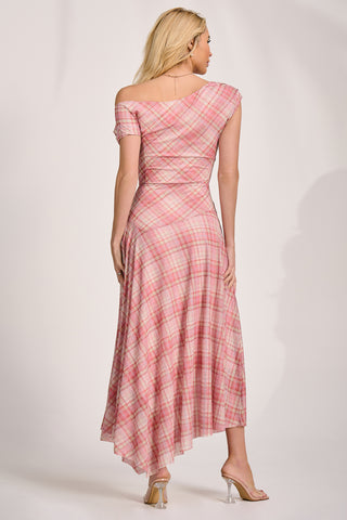 Asymmetric Draped Mesh Maxi Dress, Pink Check