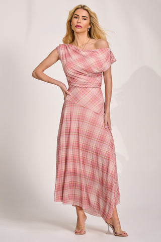 Asymmetric Draped Mesh Maxi Dress, Pink Check