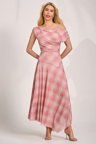 Asymmetric Draped Mesh Maxi Dress, Pink Check