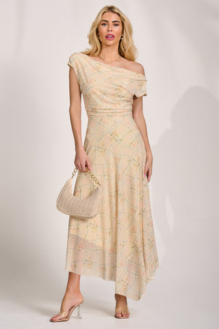 Asymmetric Draped Mesh Maxi Dress, Yellow Check