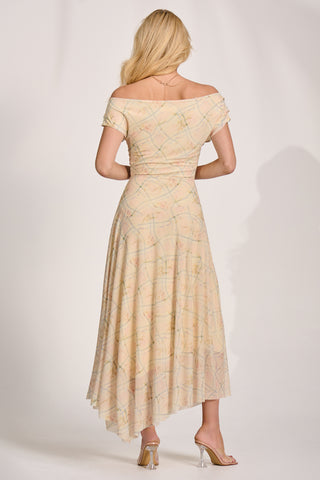 Asymmetric Draped Mesh Maxi Dress, Yellow Check