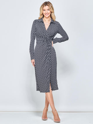 Wrap Twist Detail Midi Shirt Dress, Black Pattern