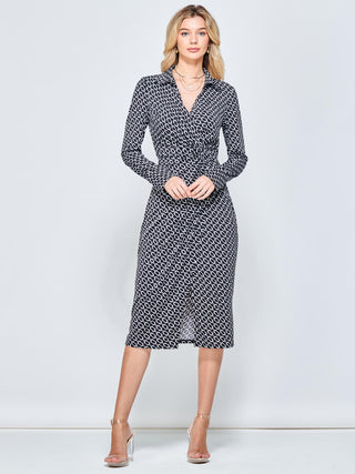 Wrap Twist Detail Midi Shirt Dress, Black Pattern
