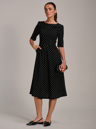 Printed Scuba Fold Collar Midi Dress, Black Polka Dot