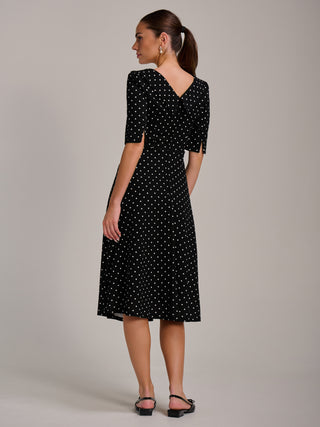 Printed Scuba Fold Collar Midi Dress, Black Polka Dot