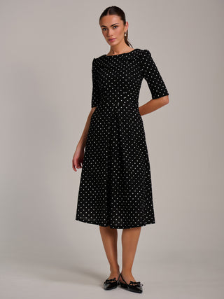 Printed Scuba Fold Collar Midi Dress, Black Polka Dot