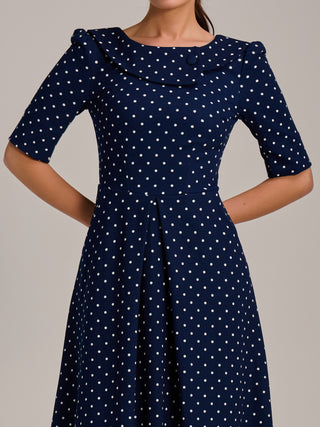 Printed Scuba Fold Collar Midi Dress, Navy Polka Dot