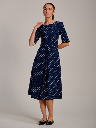 Printed Scuba Fold Collar Midi Dress, Navy Polka Dot