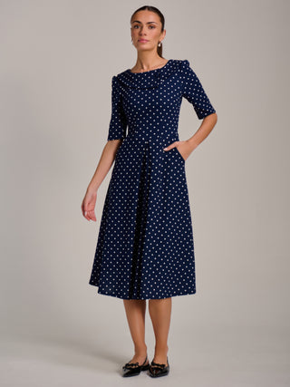 Printed Scuba Fold Collar Midi Dress, Navy Polka Dot