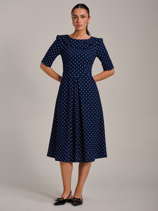 Printed Scuba Fold Collar Midi Dress, Navy Polka Dot