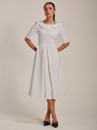 Printed Scuba Fold Collar Midi Dress, White Polka Dot