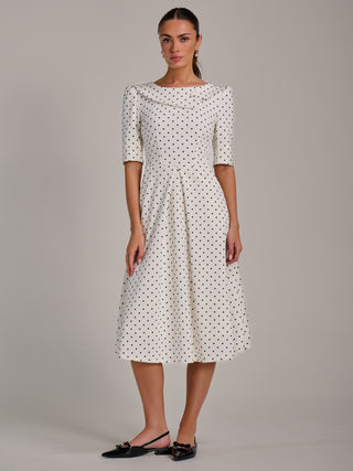 Printed Scuba Fold Collar Midi Dress, White Polka Dot