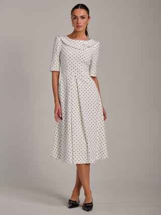 Printed Scuba Fold Collar Midi Dress, White Polka Dot