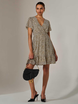 Chiffon Short Sleeve Tie Waist Mini Dress, Black Cream