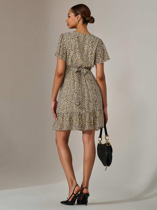 Chiffon Short Sleeve Tie Waist Mini Dress, Black Cream