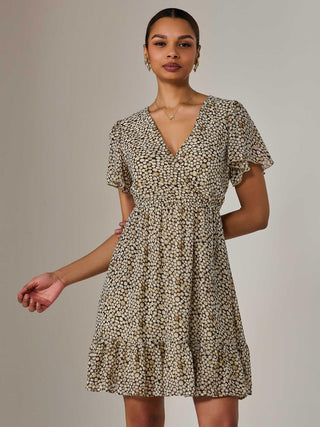 Chiffon Short Sleeve Tie Waist Mini Dress, Black Cream